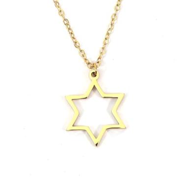 Imagem de Colar com símbolo da paz banhado a ouro 14K com pingente de aço inoxidável da estrela de Davi - joia judaica inter-religiosa para homens e mulheres (estrela-2)