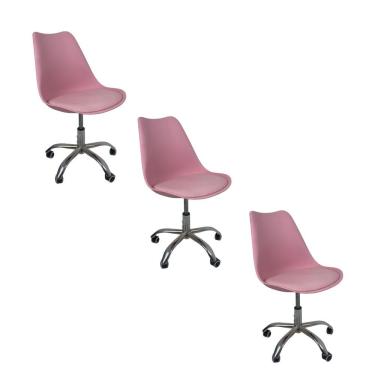 Imagem de Kit 3 Cadeiras Office Base Cromada Com Rodizio Giratória Saarinen Rosa