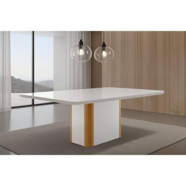 Imagem de Mesa de Sala Jantar Pietá c/ Tampo Madeirado c/ Vidro Canto Curvo 120X80cm Off White/Naturale/Off White - Rufato