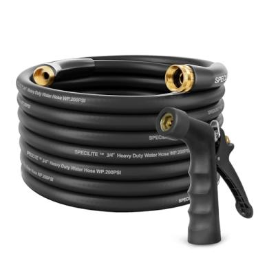 Imagem de SPECILITE Mangueira de jardim quente/fria de 15 m com bocal industrial de alta pressão, flexível e leve, mangueira de água de borracha explosiva de 600psi -45.6 °C a 70.0 °C com acessórios de latão de