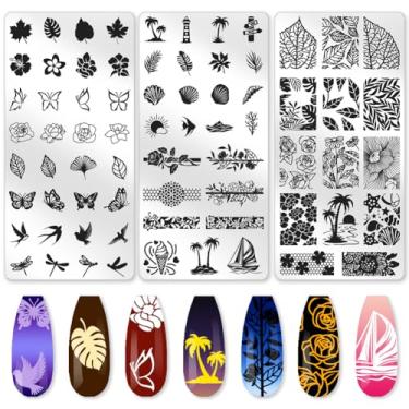 Imagem de beinkmake Conjunto de 3 peças de placas de estampagem de unhas de folhas florais de renda à beira-mar modelos de carimbos de unhas com ponta francesa, placas de imagem de borboleta, ferramentas
