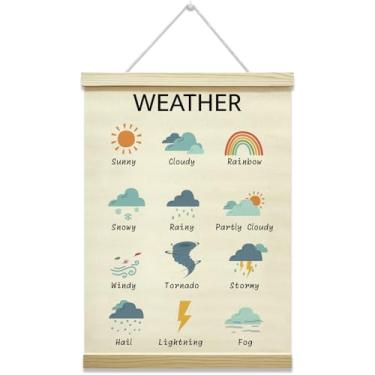 Imagem de oayGnay Gancho de pôster meteorológico, decoração educacional para pendurar na parede, pôster de tela com moldura de madeira, decoração de parede de sala de jogos pré-escolar para berçário, 30 x 40 cm