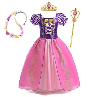 Imagem de Vestidos de Princesa Para Meninas, Vestido Fantasia Princesa Aniversário, Halloween, Festas (Rapunzel Enrolados, 4-5T(120))