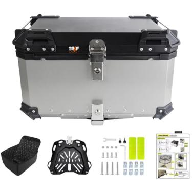 Imagem de Baú Traseiro Moto Alumínio 65 Litros Suporte Universal Impermeável Reforçado Seguro Bagageiro Universal Top Case Grande Comporta 2 Capacetes Grande Capacidade (Prata)
