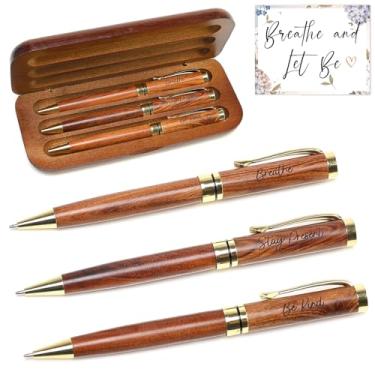 Imagem de Presentes mindfulness canetas gravadas inspiradoras com caixa de madeira para mulheres, presente espiritual e bem-estar, amor próprio, colegas de trabalho, amigos, presente relaxante, diário de