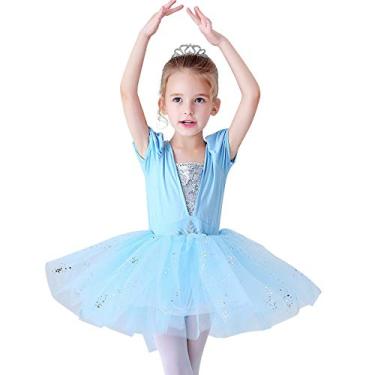 Imagem de REXREII Vestido infantil de princesa bailarina tutu Rapunzel Sofia Branca de Neve Frozen Elsa Fantasia de Halloween, Azul-celeste, 4-5 Anos