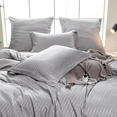 Imagem de Amolavet Hotel Collection Capa de edredom listrada cinza tamanho Queen capa de edredom de microfibra ultramacia tamanho queen conjunto de 3 peças com fecho de zíper conjunto de capa de edredom 90 x