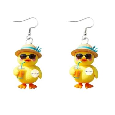 Imagem de Brincos de gancho de acrílico com desenho animado fofo de pato amarelo para mulheres, engraçado, criativo, animal, patinho, com óculos de sol e chapéu de praia, pingente de gota, brinco leve para o