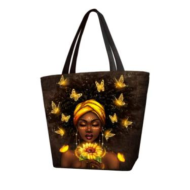 Imagem de IAGM Bolsas femininas afro-americanas, bolsas de ombro pretas para compras, trabalho, mercearia, academia, Afro feminino com girassol, 11"(L) X 13"(H) X 7" (W)