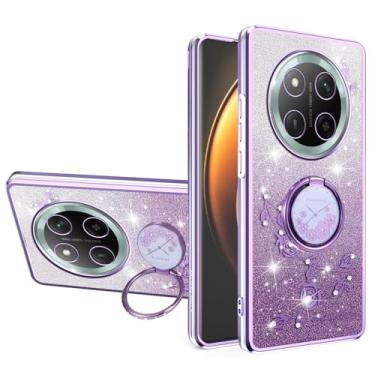 Imagem de Yarxiawin Capa para celular Honor Magic 7 Lite transparente com purpurina com suporte, capa protetora de silicone à prova de choque estética floral macia com suporte de anel (Roxo)