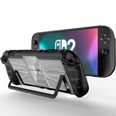 Imagem de NINKI Capa aderente para Nintendo Switch 2 com suporte 2025 fina, rígida e antiderrapante de policarbonato + capa protetora traseira transparente de silicone TPU para Nintendo Switch 2025, preta