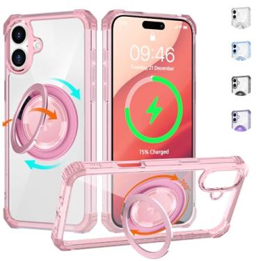 Imagem de WPCase Capa transparente para iPhone 16 com suporte [compatível com MagSafe], capa resistente de grau militar com suporte magnético giratório 360 para mulheres e homens, rosa transparente