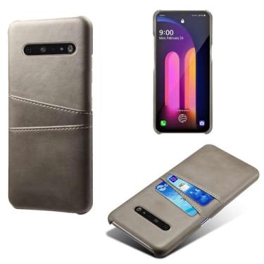 Imagem de Capas Compatível com LG V60,Caso de couro PU-Tampa de telefone a prova de choque com 2 slots de cartão,Proteção anti-impressão digital e anti-gota-Grey