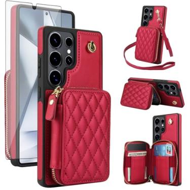 Imagem de Capa de celular para Samsung Galaxy S25 Ultra 5G carteira celular com protetor de tela de vidro temperado alça transversal de pulso com bloqueio de RFID suporte de cartão TPU S25Ultra 25S S 25 25Ultra