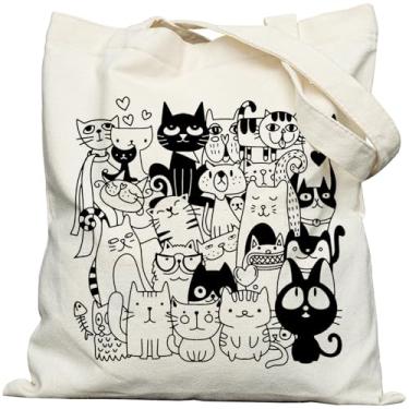 Imagem de METALPHA Sacola estética para mulheres e meninas - Sacola de lona estampada dupla face com fecho de pressão e bolso, Catstogether, One Size