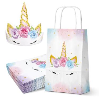 Imagem de FRIDAY NIGHT Conjunto de sacolas de presente de unicórnio com faixa de cabeça, papel aquarela, 32 peças, artigos de festa de aniversário com tema de unicórnio, decorações de chá de bebê