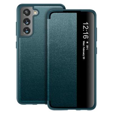 Imagem de Capa flip para Samsung Galaxy S22 S View, fosco translúcido transparente visualização fólio 360 graus capa protetora para celular para Samsung S22, capa flip de luxo para Samsung S22 (verde)