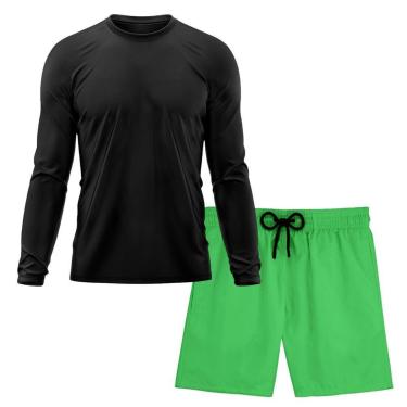 Imagem de Kit Short Praia Academia Passeio Treino Verde + Manga Longa Masculina Segunda Pele Dry-Masculino