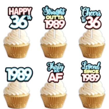 Imagem de 18 peças de topper de cupcake de sobremesa com glitter azul para Straight Outta 1989 Legend Since 1989 suprimentos de decoração temática homens felizes decorações de festa de 36 anos