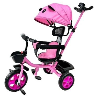 Imagem de Triciclo Carrinho de Passeio 2 em 1 Infantil Assento Giratório 360° com Capota Solar Porta Objetos Cinto de Segurança até 50kg Haste Empurrador Cestos (ROSA)