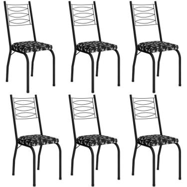 Imagem de Kit 6 Cadeiras Aço Carbono Tubular Metálica Acabamento D-25 Luana Preto-preto Flor