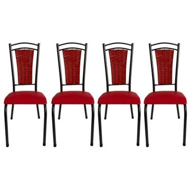 Imagem de Kit 4 Cadeira Paris De Cozinha Tubular Preto Aço Estofada Encosto Junco Vermelho
