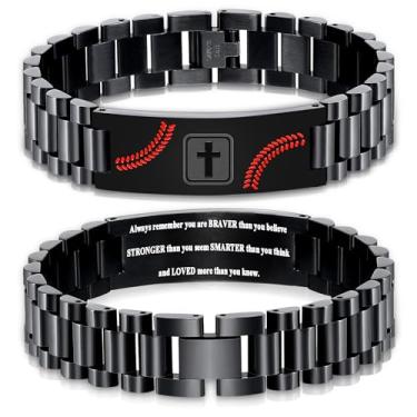 Imagem de KLIFOWDY Pulseiras de beisebol de aço inoxidável para homens, pulseiras cruzadas, versículo bíblico gravado, pulseira masculina, joias cristãs, presentes, First Communion, Sem Pedra Preciosa