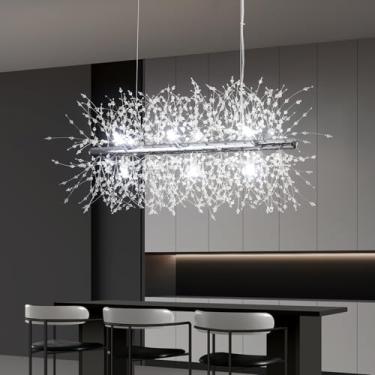 Imagem de Lustres de cristal modernos fogos de artifício, 9 luzes cromadas retangular linear dente-de-leão lustre de sala de jantar, luminária de teto Sputnik de meados do século para sala de estar cozinha loja