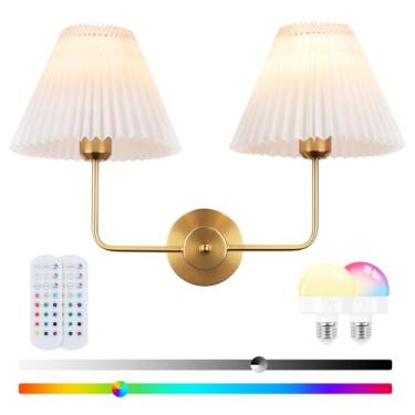 Imagem de Rnzziw Arandelas de parede sem fio operadas por bateria de luz dupla com abajur de tecido plissado branco, arandela de latão antigo de 2 luzes para banheiro, vaidade, corredor, escada, sala de estar