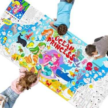 Imagem de SpriteGru Pôster de colorir Mermaid World, papel grande para atividades de colorir 190,5 cm x 78,7 cm, tamanho jumbo, papel com tema oceano, bandeira/toalha de mesa para escola, decoração de parede