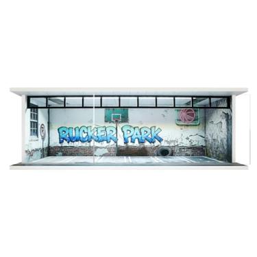 Imagem de Estojo de exibição de carro fundido em escala 1/64 com luzes LED e capa acrílica, apresentando uma cena de estacionamento em miniatura e caixa de garagem de armazenamento com vagas de estacionamento