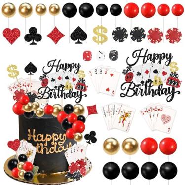 Imagem de Rsstarxi Conjunto de decoração de topo de bolo de cassino, fichas de pôquer, tema de jogo de cartas, decoração de bolo para noite de cassino, cena de Las Vegas, festa de aniversário, decorações de