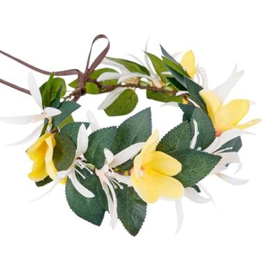 Imagem de KorViSHOW Tiara de coroa de flores tropicais, tiara floral havaiana amarela, acessórios de cabelo artificial de verão Havaí para mulheres, meninas, fantasia havaiana, praia, piscina, férias, adereços