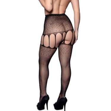 Imagem de Meia Calça Cinta Liga Strass Arrastão Detalhada Brilhosa - Yaffa, Pret