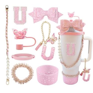 Imagem de Conjunto de acessórios de copo de 8 peças para Stanley Copo de 76 ml com alça, incluindo topo de palha, bota, alça de alça de garrafa de água, decoração de arco de palha, pulseiras, pingente de letra