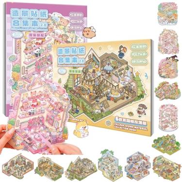 Imagem de 12 Sets of Big DIY 3D Sticker Scene, 2 Sticker Books of Cute Kawaii Animals and Party 3D Scene Stickers, Make Your Own DIY Miniature House Scenes for Stress Relief