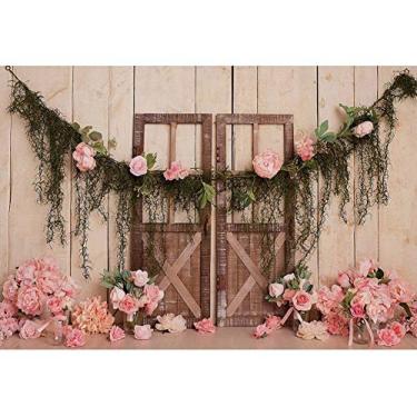 Imagem de Yeele Pano de fundo de porta de madeira floral rosa de 3 x 2 m para fotografia rústico romântico rosa rosa para casamento, chá de panela, decoração de festa de noivado, meninas, retratos artísticos