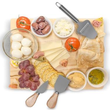Imagem de Conjunto de presente de tábua de charcutaria com facas de queijo de aço inoxidável - tábua de corte de madeira de acácia, tábuas de queijo, tábua de cortar pão - tábua de servir de madeira decorativa