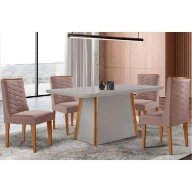 Imagem de Conjunto Sala de Jantar Tilia c/ Tampo Madeirado c/ Vidro Canto Curvo 120x80cm e 4 Cadeiras Dafne Madeira Maciça Naturale/Off White - Capuccino/Linho 