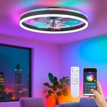 Imagem de STERREN Ventiladores de teto RGB com luzes, ventilador de teto moderno de perfil baixo de 15,7 polegadas, ventilador de teto regulável com controle remoto/aplicativo, lustre pequeno para quarto, sala