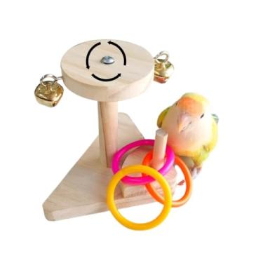 Imagem de CXYYXF Brinquedo de anel de enriquecimento interativo de pássaros, roda giratória de 360° com sinos e anéis, brinquedo de treinamento de pássaros de madeira para exercícios e entretenimento