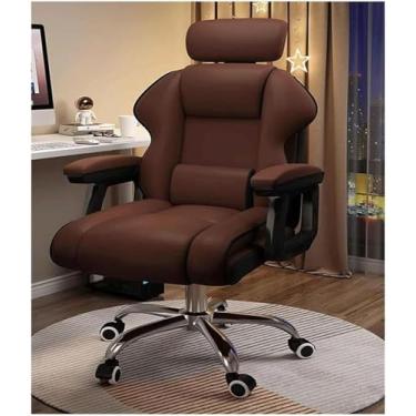 Imagem de Cadeira Executiva De Encosto Alto Cadeira De Jogos Reclinável De Couro Pu Com Cadeira De Mesa De Apoio Lombar Cadeira De Computador Com Encosto De Cabeça Ajustável, Brown