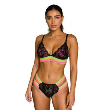 Imagem de Conjunto Lingerie Sem Bojo Calcinha Sutiã Renda Neon Tiras Elástico - 