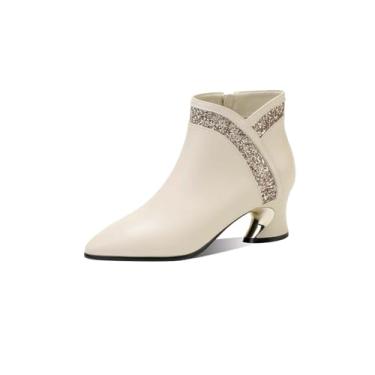Imagem de TinaCus Bota feminina de couro, feita à mão, com lantejoulas, zíper lateral, bico fino, salto grosso, Bege, 36