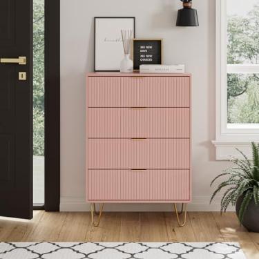 Imagem de Masupu Cômoda de 4 gavetas, baú de gaveta, cômoda de armazenamento alta com pernas de metal dourado, mesa de cabeceira para quarto, sala de estar, armário, corredor listrado rosa