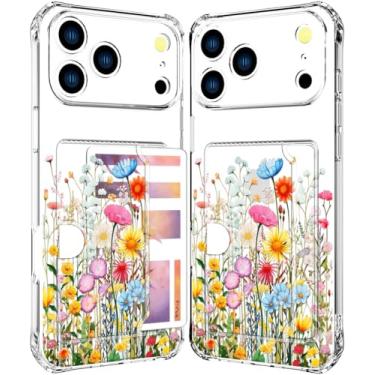 Imagem de ENDIY Compatível com capa para telefone 17 Pro, suporte de cartão para mulheres, design fofo, capas de telefone tipo carteira transparente legal Kawaii protetora (flores claras ervas plantas selvagens