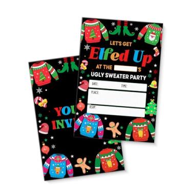 Imagem de QZJ Artigos de convites de festa de suéter feio de Natal com envelopes, conjunto de 20 convites de festa de Natal preenchido em branco, dupla face