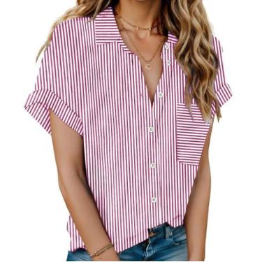 Imagem de Camisa feminina HOTOUCH listrada havaiana de algodão de manga curta