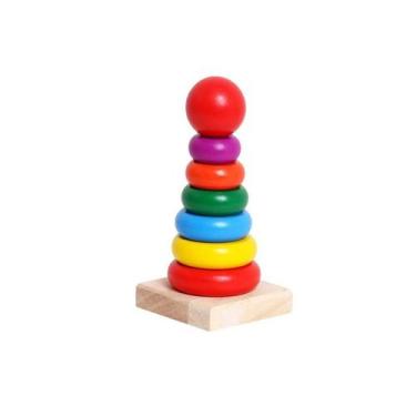 Imagem de Brinquedo educativo de torre de madeira para crianças com 7 anéis - Li