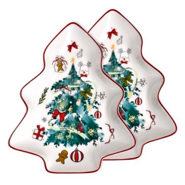 Imagem de Pratos de sobremesa de cerâmica em forma de árvore de Natal de 15 cm, bandeja de servir de Natal de porcelana nova com decoração de Natal em aquarela, para biscoitos e doces, conjunto de 2, árvore de